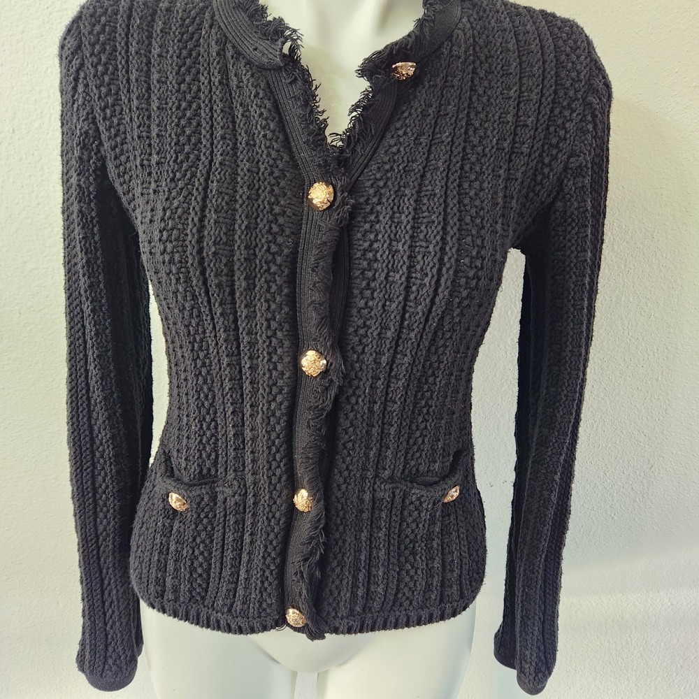 Express Black Knit Cardigan Old Money style Gold Button Womens size Small Cotton - Picture 5 of 9